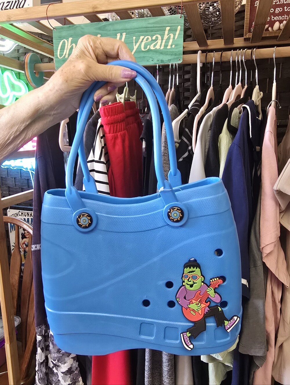 #0634 NEW OPTARI Small Blue Tote w/Guitar Playing Frankenstein 9x11x5 Dbl Handle